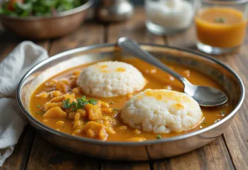 Čerstvo pripravené idli so sambarom, parené idli a korenistá šošovicová omáčka