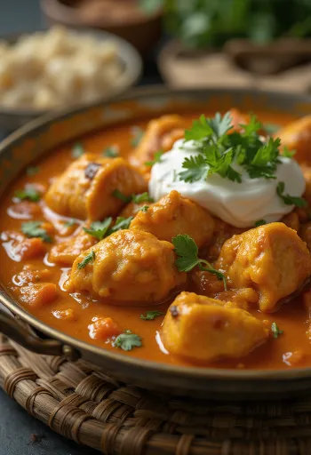 Kuracie tikka masala v krémovej paradajkovej omáčke, ozdobené čerstvým koriandrom