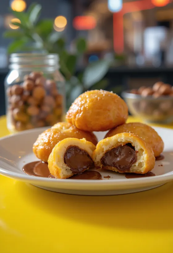 Loukoumades plnené Nutellou, zlatohnedé šišky s náplňou a práškovým cukrom