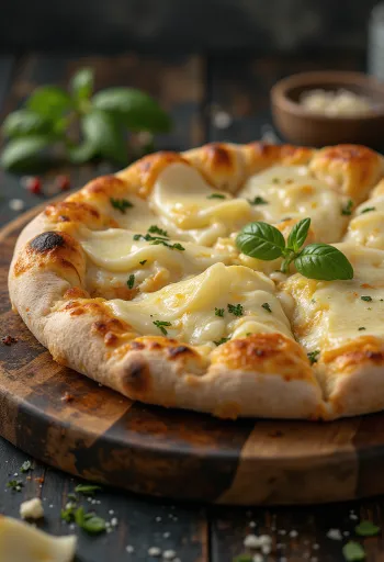 Pizza ai Formaggi podávaná s rôznymi syrmi a čerstvou bazalkou