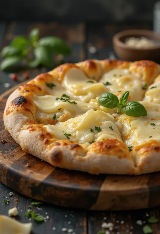 Pizza ai Formaggi podávaná s rôznymi syrmi a čerstvou bazalkou