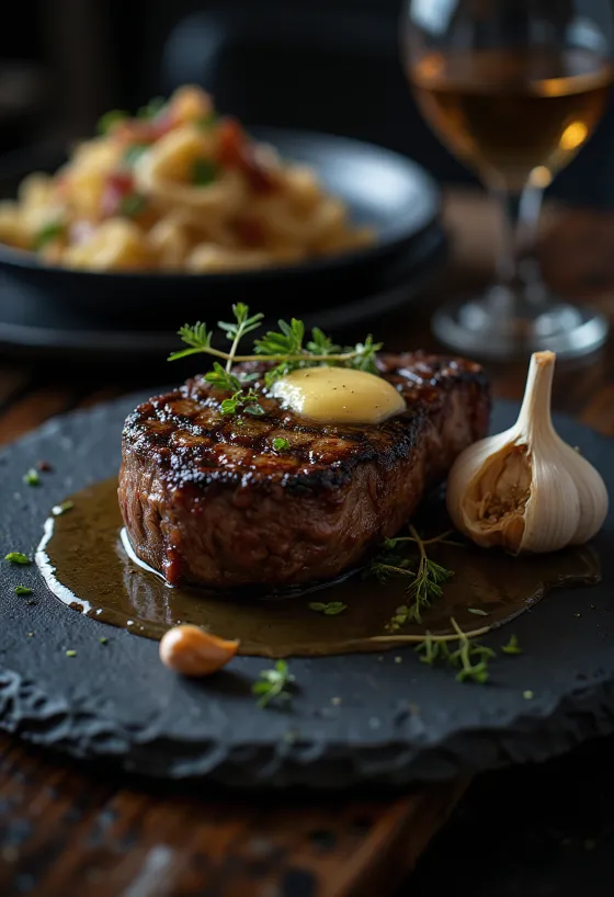Rib eye steak upečený do zlatohneda, podávaný s čerstvými bylinkami a maslom