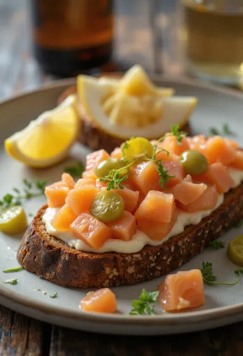Skagenröra s kôprom, podávaná na tmavom chlebe