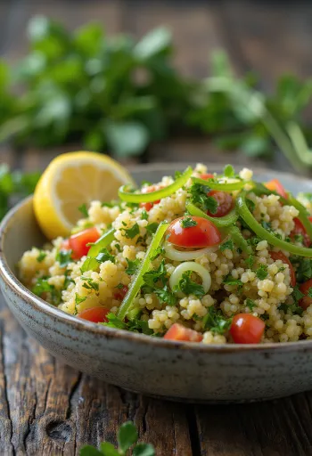 Tabbouleh šalát s cibuľou, zmesou mäty a petržlenovej vňate