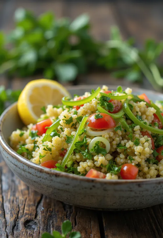 Tabbouleh šalát s cibuľou, zmesou mäty a petržlenovej vňate