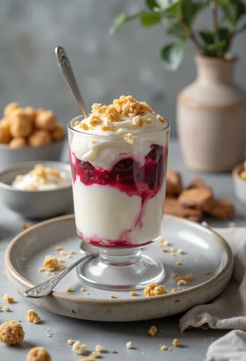 Tofu sundae, pekne navrstvené tofu, bobuľové ovocie a granola v pohári