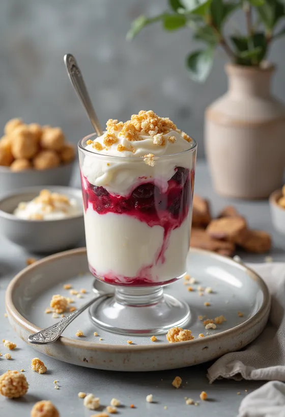 Tofu sundae, pekne navrstvené tofu, bobuľové ovocie a granola v pohári