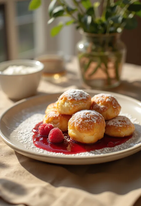 Æbleskiver s malinovým džemom a práškovým cukrom