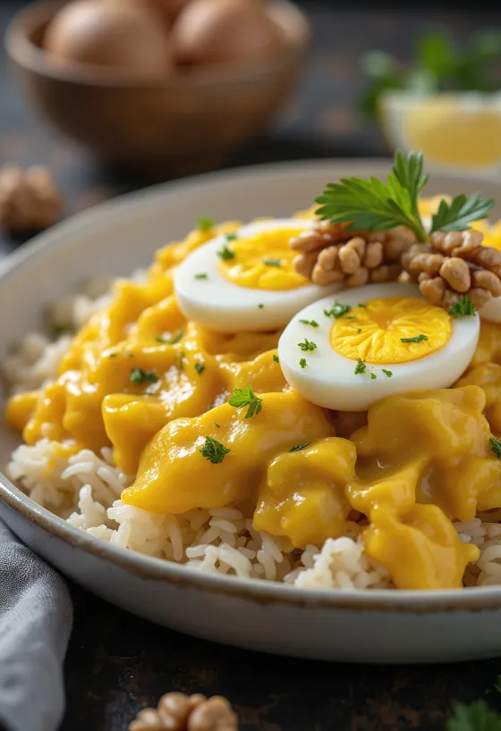 Ají de gallina s vajcom, podávané v bohatej omáčke