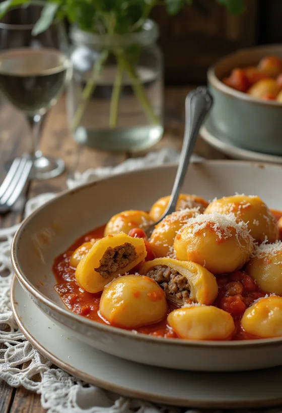 Gnocchi plnené mäsom servírované na tanieri