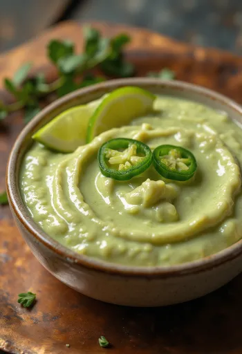Limetková omáčka s jalapeños v miske, ozdobená plátkami limetky a čerstvým koriandrom.