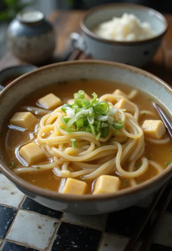 Kishimen udon, japonské ploché rezance udon s tofu a sójovou omáčkou, podávané s čerstvou cibuľkou
