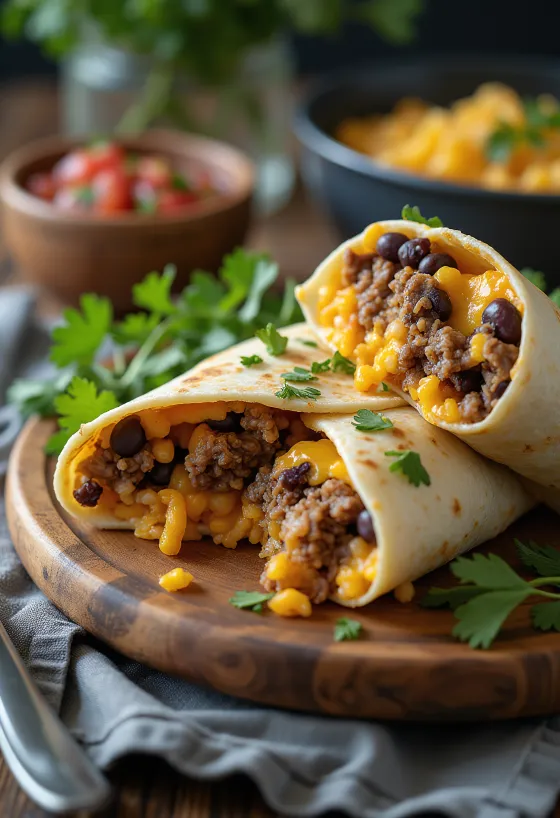 Mexické burrito v tortillovej placke, plnené ryžou, fazuľou a hovädzím mäsom