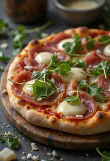 Pizza al Prosciutto Crudo podávaná s parmskou šunkou a rukolou