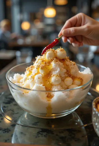 Syrové bingsu, podávané s bohatou syrovou a sójovou omáčkou