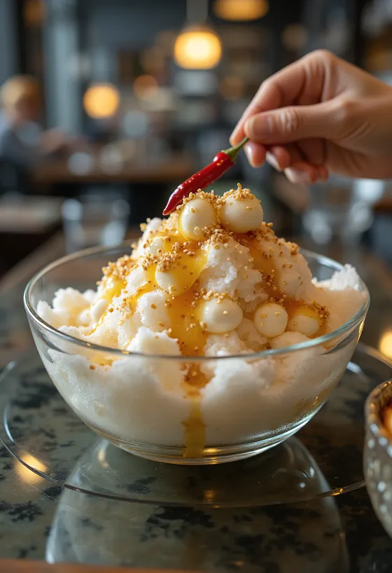 Syrové bingsu, podávané s bohatou syrovou a sójovou omáčkou