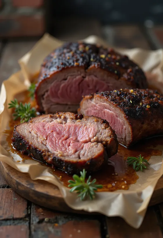 Smoked brisket podávaný v tenkých plátkoch s barbecue omáčkou a prílohami