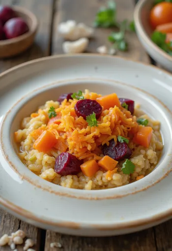 Açorda so zeleninou, v miske zdobená petržlenovou vňaťou