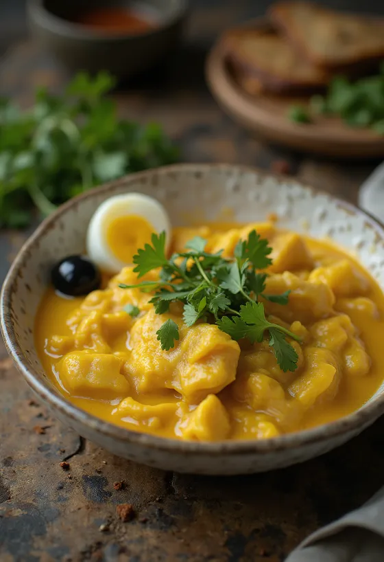 Ají de gallina s koriandrom, podávané s krémovou omáčkou