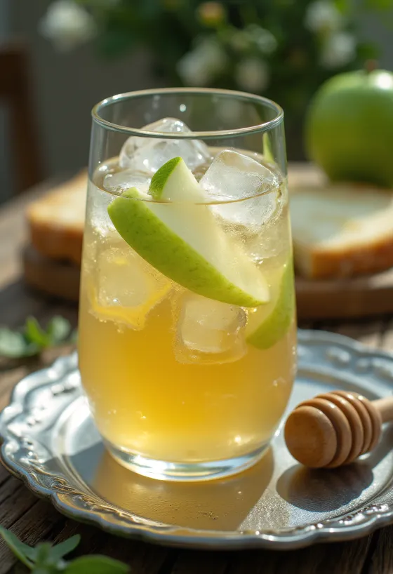Vychladený anglický suchý cider s plátkami jablka a mätou