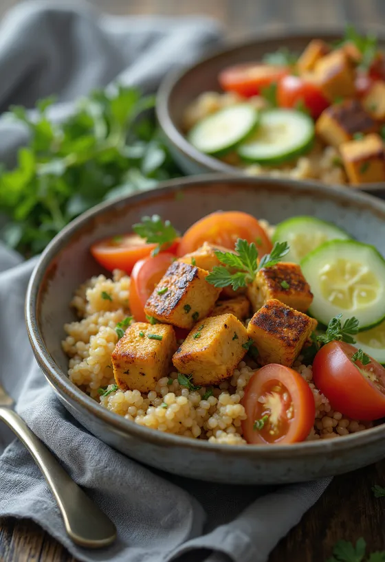 Grilované tofu podávané so šalátom z quinoy