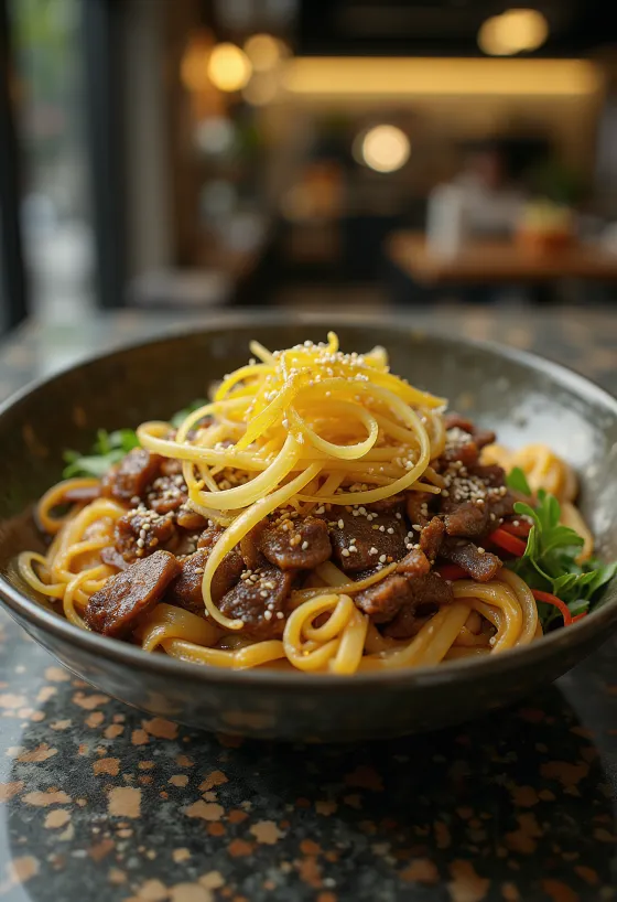 Japchae s hovädzím mäsom, podávané s batátovými rezancami a zeleninou