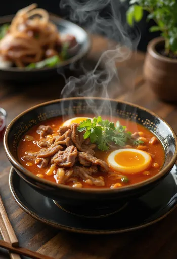 Polievka Yukgaejang, kórejská hovädzia rezancová polievka s čerstvým vajcom a morskými riasami