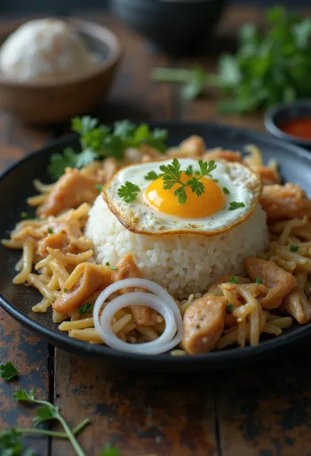 Nasi Campur s vajcom, pečeným kuracím mäsom a čerstvou zeleninou