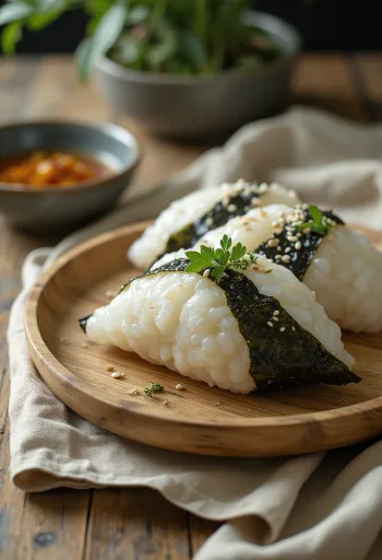 Onigiri plnené shio kombu, zdobené sezamom a morskou riasou