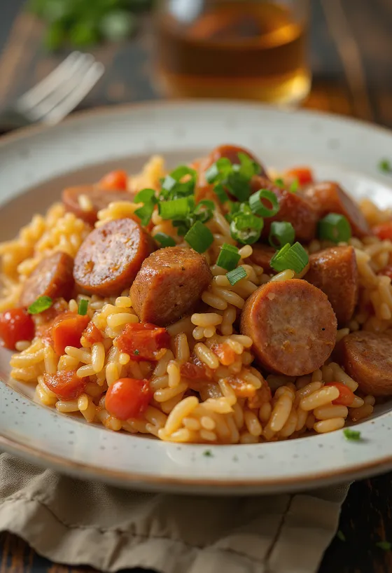 Smoked sausage jambalaya podávaná v miske ozdobená petržlenovou vňaťou