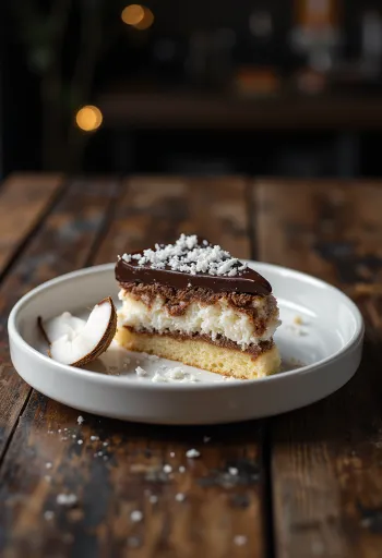 Bounty torta zdobená čokoládovou polevou a strúhaným kokosom