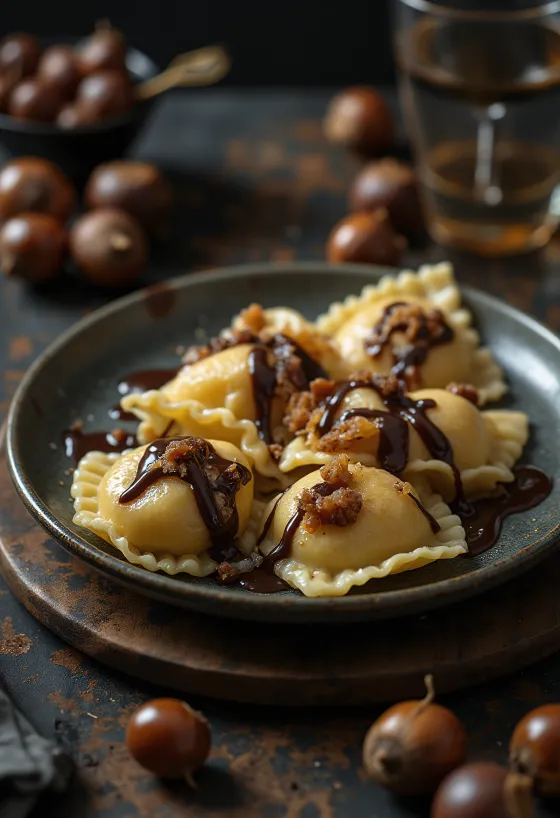Sladké ravioli s gaštanovým pyré servírované na tanieri