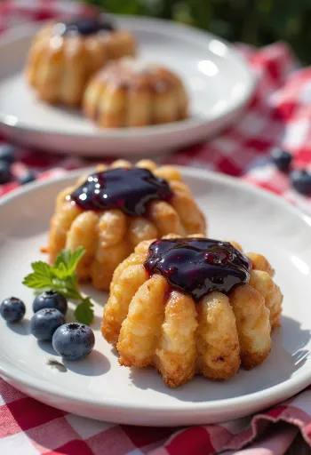 Loukoumades s čučoriedkovým džemom, chrumkavé šišky poliate tmavofialovým džemom, posypané práškovým cukrom