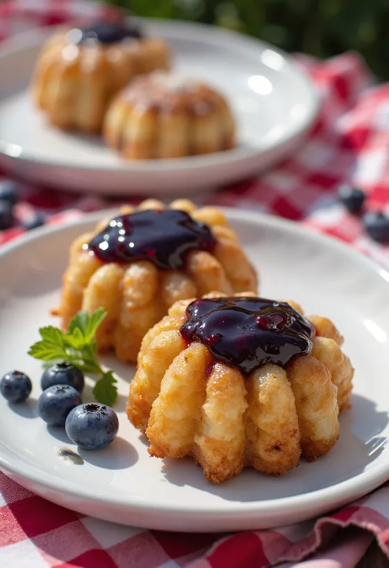 Loukoumades s čučoriedkovým džemom, chrumkavé šišky poliate tmavofialovým džemom, posypané práškovým cukrom