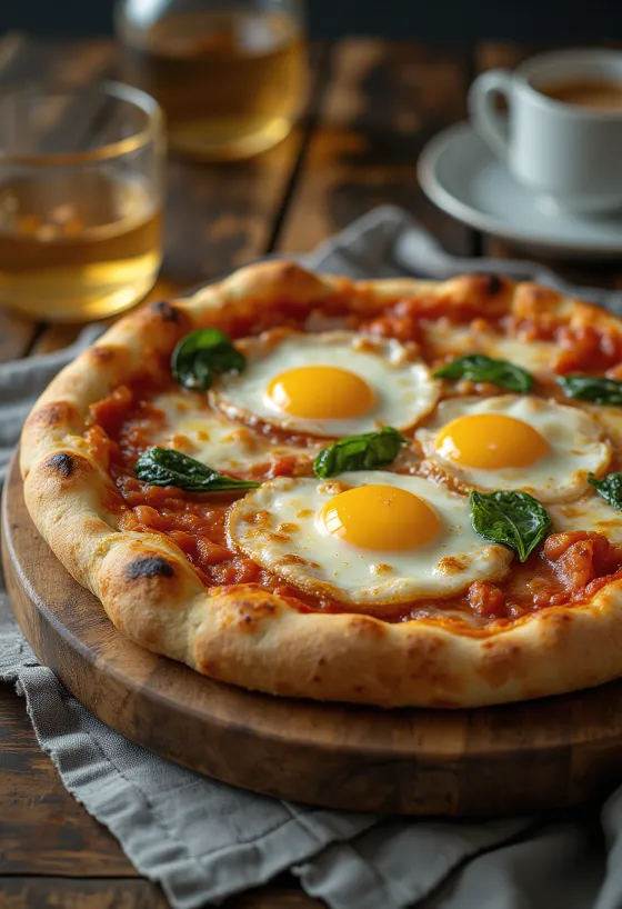 Pizza alla Bismarck servírovaná s čerstvým vajcom a špenátom