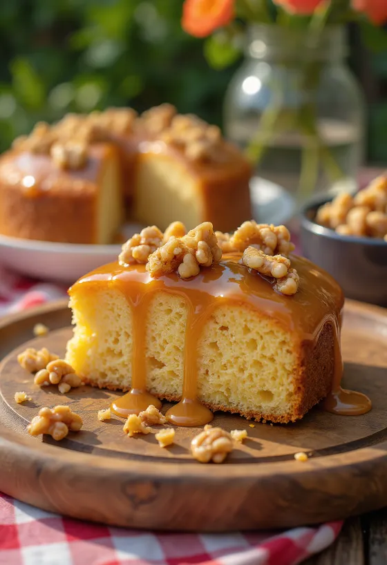 Chrumkavá karamelová torta zdobená praženými orechmi