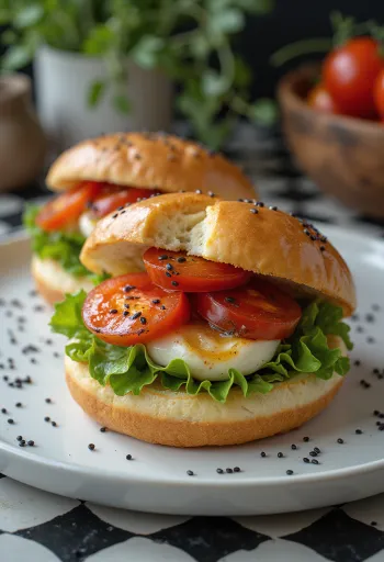 Bao žemličky s pečenými paradajkami a mozzarellou servírovanie