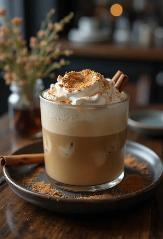 Škoricovo-mätové frappé so šľahačkou, celou škoricou a lístkami mäty