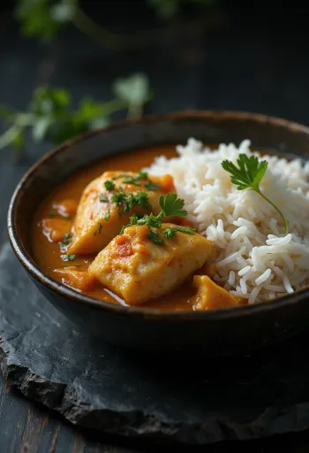Moqueca podávaná s bielou ryžou, rybou a kokosovým mliekom