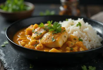 Moqueca podávaná s bielou ryžou, rybou a kokosovým mliekom