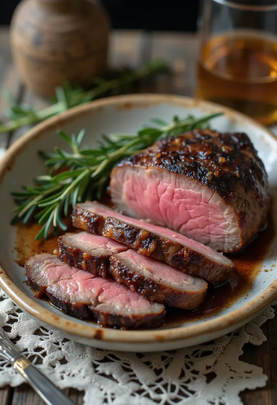 Údený jelení steak, údený steak z jeleňa s pečenou zeleninou a rozmarínom