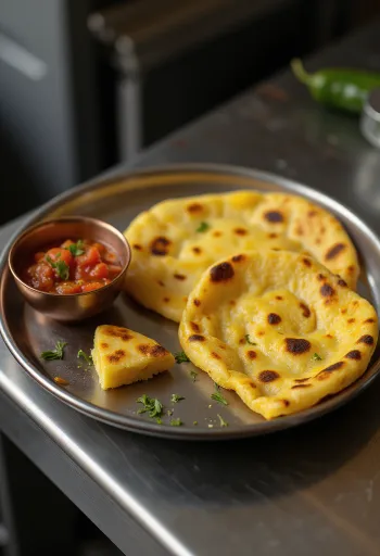Makki ki roti s pikantnou omáčkou, podávané s čerstvým koriandrom