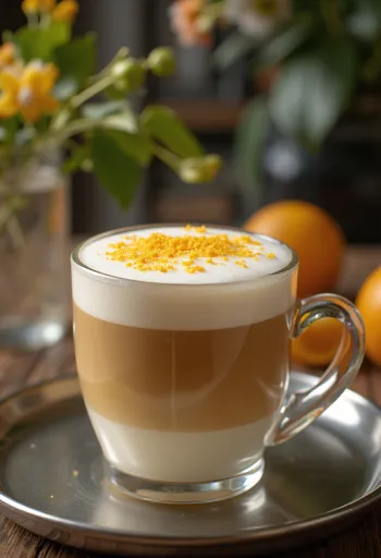 Pomarančovo-vanilkové latte so šľahačkou a plátkom pomaranča