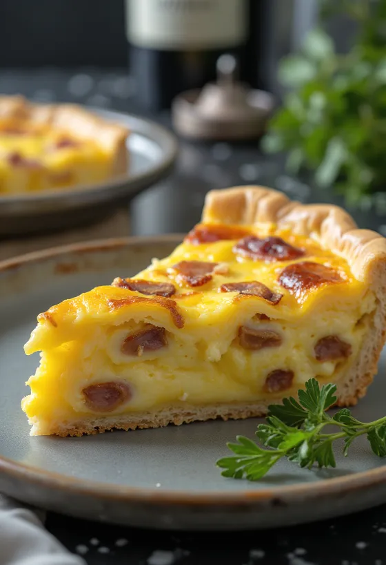 Klasický Quiche Lorraine, v chrumkavom krehkom ceste s krémovou plnkou, kúskami slaniny a syrom.