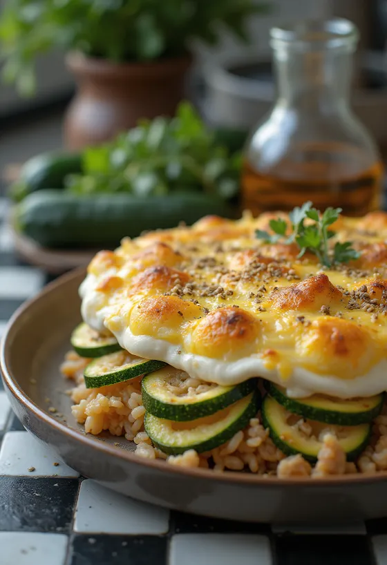 Zapekaná cuketa s mletým mäsom, ryžou a smotanou, upečená do zlatista