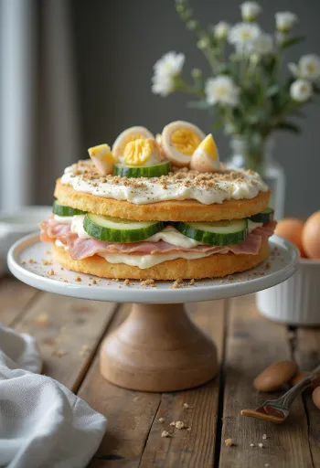 Smörgåstårta so šunkou a kuracím mäsom pri podávaní