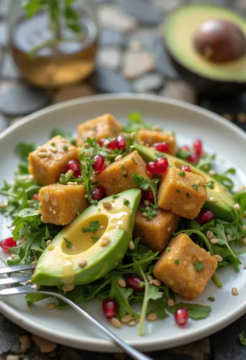Pečené tofu s avokádom a granátovým jablkom