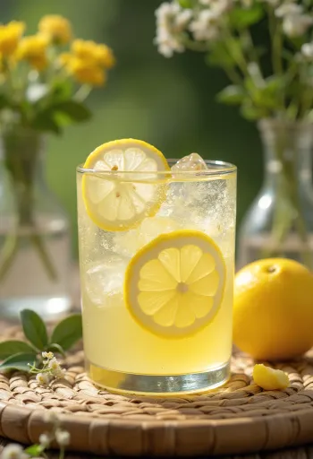 Citrónovo-bazový cider, ovocný nápoj ozdobený plátkom citróna a bazovým kvetom