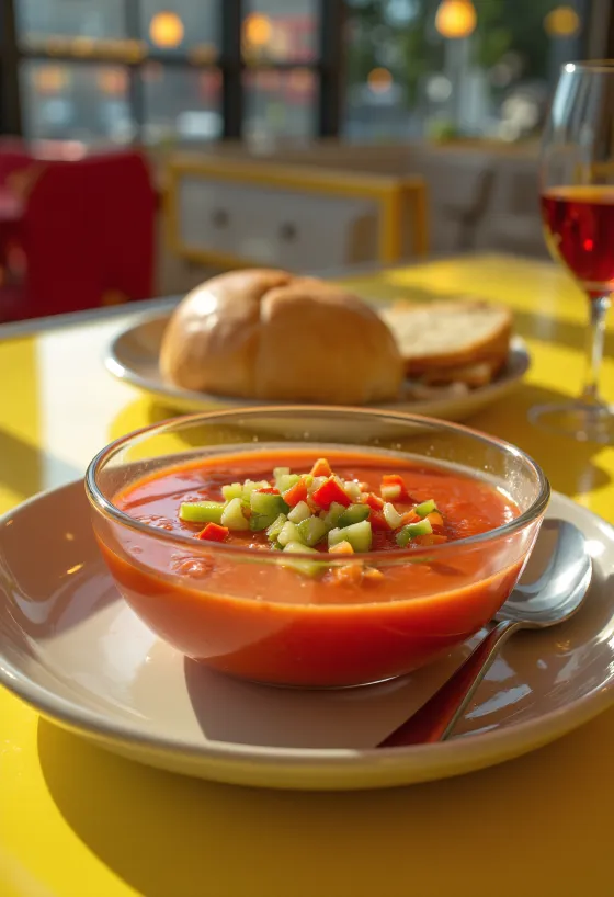 Čerstvé gazpacho podávané ľadovo vychladené, ozdobené nadrobno nakrájanou zeleninou