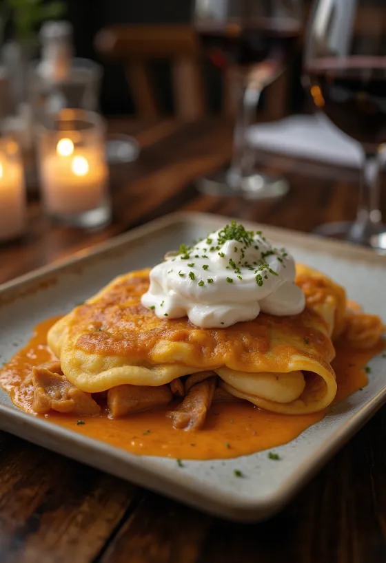 Mäsové hortobáďske palacinky podávané s kyslou smotanou a čerstvou petržlenovou vňaťou.